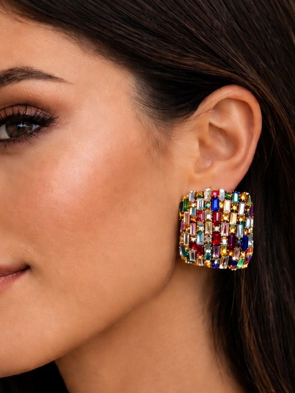 Multicolor Rhinestone Square Statement Earrings